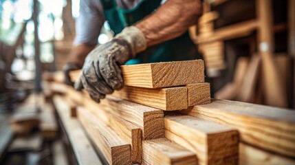 Carpenter cutting wood planks for shelves. Featuring woodworking skills and precision cutting