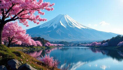 Majestic Mount Fuji, cherry blossoms in full bloom, spring landscape, spring, bloom