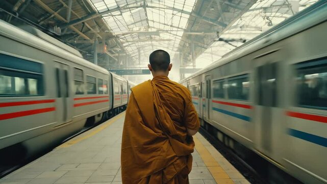 Buddhist Monk Walking Calmly Through Busy Train Station Platform with Passing Trains and Commuters.