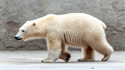 White Polar Bear Walking on Concrete Surface Against Light Gray Textured Background