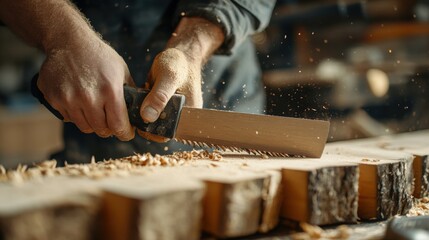 Carpenter cutting wood with a saw. Featuring woodworking and carpentry skills