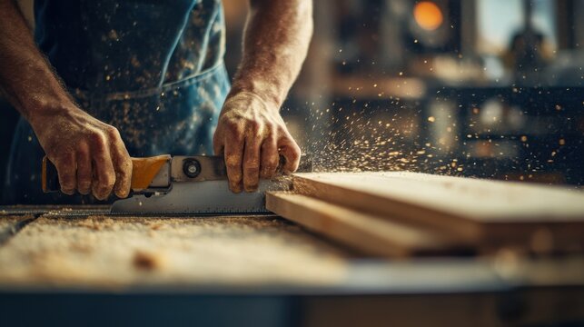 Carpenter cutting wood with a saw. Featuring woodworking and precision cutting