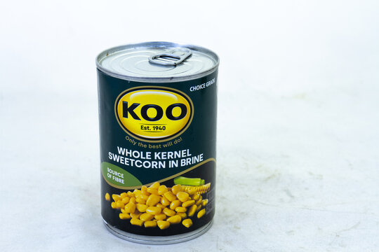 Johannesburg, South Africa - a can of whole kernel sweetcorn from Koo isolated on a clear background with copy space
