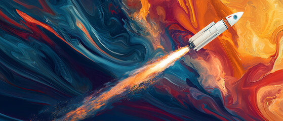 rocket launching into space, symbolizing human innovation and exploration. 