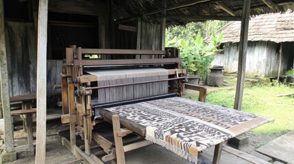 Fototapeta premium A loom setup in a small village hut with a half-woven textile in local patterns