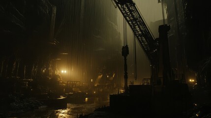 Large construction crane works in dark foggy environment