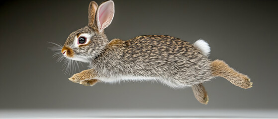 Obraz premium A Brown Spotted Rabbit Leaping Gracefully Against A Gray Gradient Backdrop In A Studio Setting