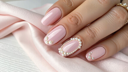 Pastel pink nails with gems on long almond-shaped manicure
