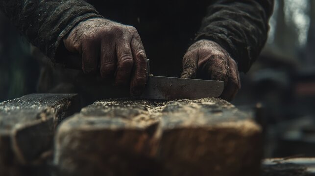 Carpenter cutting wooden planks. Featuring carpentry skills and cutting wood