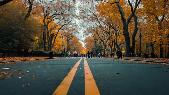 Scenic Central Park Pathway during Autumn with Vibrant Foliage and Pedestrians