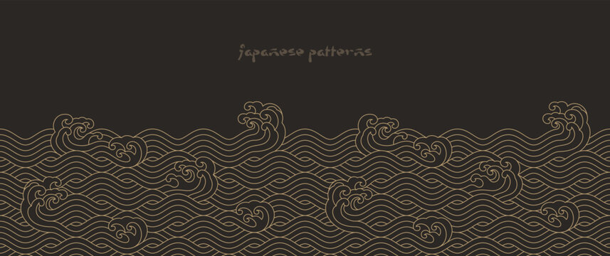 Japanese sea wave background vector. Seamless wallpaper design with gold and black ocean wave pattern backdrop
