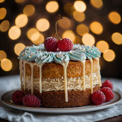 Indulgent Holiday Layer Cake: Sweet Raspberry and Cherry Frosting with Festive Decorations - Perfect for  Celebration and Party Enjoyment