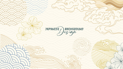 Japanese background illustration with hand drawn waves and clouds decorations in vintage style