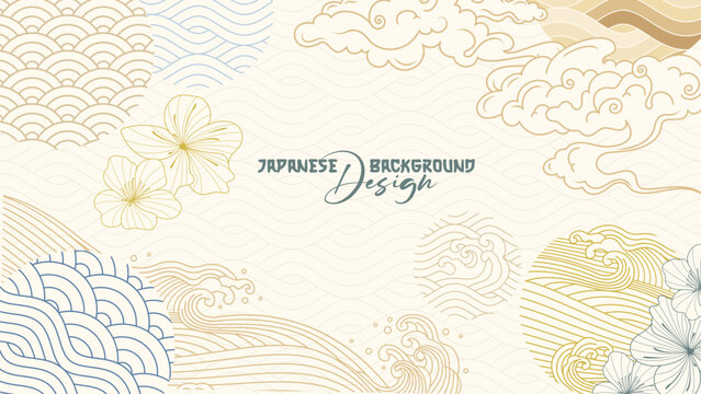 Japanese background illustration with hand drawn waves and clouds decorations in vintage style