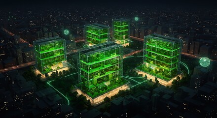 Nighttime 3D Render: Eco-Friendly City Buildings Integrated with Nature AI Generated