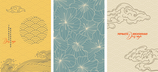 Japanese wallpaper design background vector. Hand drawn wallpaper design with ocean wave, clouds and cherry blossom pattern backdrop