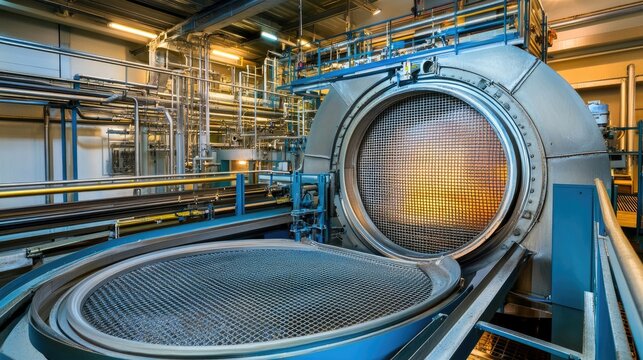 Dynamic shot of rotating trommel screen separating materials at mining plant