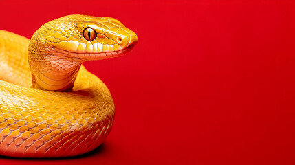 Fototapeta premium Close Up Yellow Snake Against Red Background
