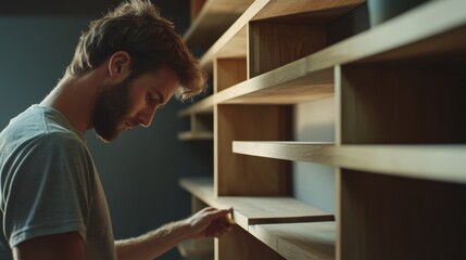 Carpenter installing custom shelving in a living room. Featuring woodworking skills and home improvement