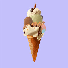 Delicious Ice Cream Cone Illustration with Multiple Flavors and Toppings