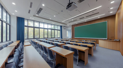 Empty modern classroom with chairs, desks and chalkboard.