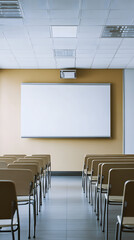 Empty modern classroom with chairs, desks and chalkboard.