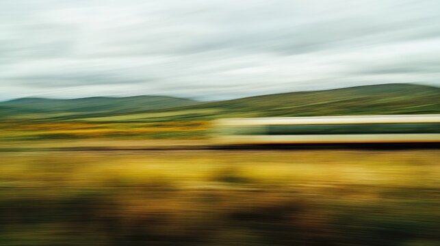 High-speed train passing through rural landscape with motion blur