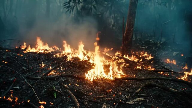 Fire caused by deforestation spreads through forest, threatening wildlife and ecosystem health, deforestation make fire on forest damage environment video stock ing
