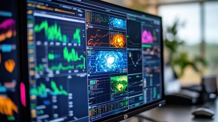 Monitor in command center showing live weather data and radar images