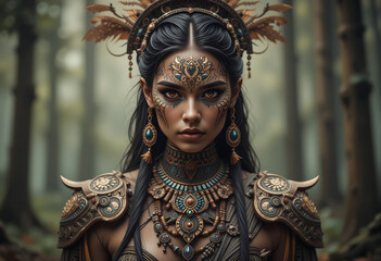 Fantasy tribal warrior woman portrait in forest with ornate jewelry and armor art
