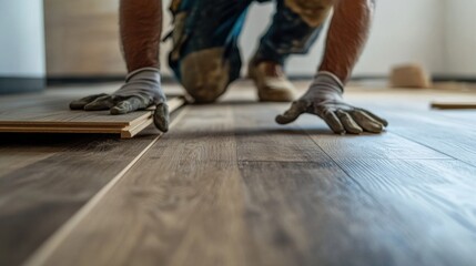 Carpenter installing wooden flooring. Featuring floor installation and carpentry