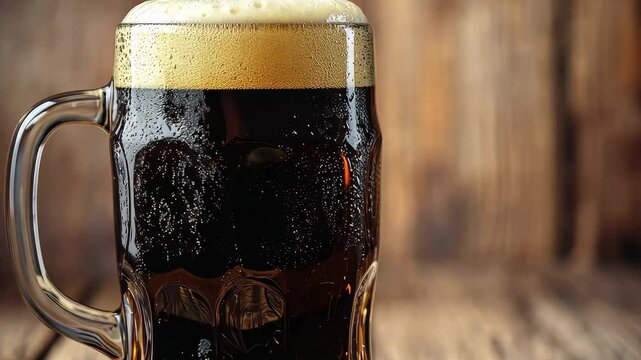 Dark beer mug filled with rich foam on rustic wooden table, Full mug of dark beer with foam on wooden surface, blurred background