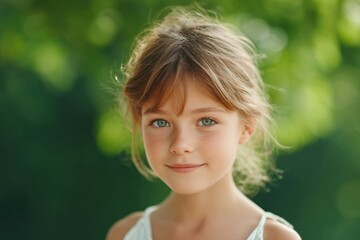 Naklejka premium child smiles warmly blurred background captures start of summer