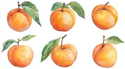 A watercolor illustration showcasing six peaches in various poses, each exquisitely detailed with delicate brushstrokes and subtle color variations The peaches exhibit a range of perspectives
