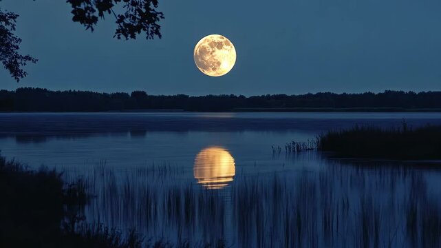 Majestic full moon reflecting on a calm lake at night in serene nature setting, full moon at night at lake video