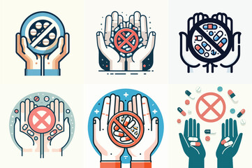 open hand vector with prohibition symbol on drug pills