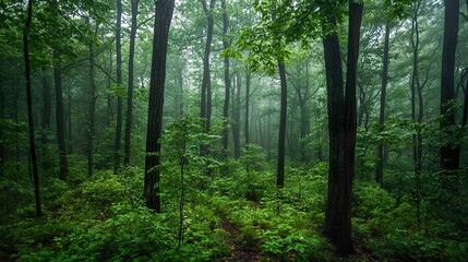 Naklejka premium Misty forest trail, lush greenery, rain, peaceful background, nature photography