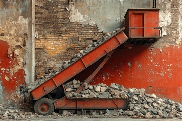 Industrial decay rusty equipment fills a debris-strewn space in a crumbling, red-painted building