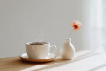 Fototapeta premium cozy café table set with steaming coffee cup and single flower in vase placed neatly against light backdrop