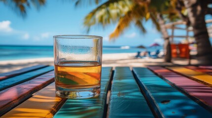 Drink rests on colorful table with tropical beach background