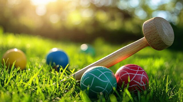 Colorful croquet balls on grass with mallet under sunny sky during outdoor activity, Colorful balls on grass with croquet mallet, sunny day