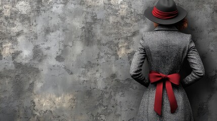 Elegant woman in gray coat and hat faces mottled wall, red ribbon detail adding pop