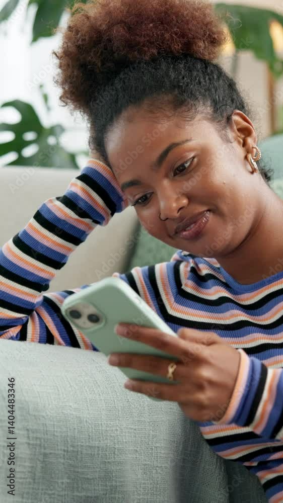 Leinwandbilder phone, laughing and smile with woman on sofa in living room of home for app or social media browsing