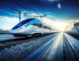 Naklejka premium A high-speed train running on a smart rail system, with digital ticketing stations, automated train schedules, and energy-efficient design. The train is equipped with sensors and cameras for safe trav