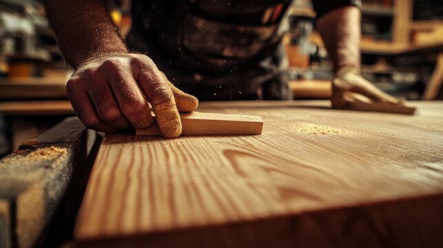 Carpenter polishing a wooden shelf. Featuring woodworking and finishing touches