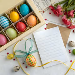 colourful eggs for easter day celebrations with  gift boxes and blank note