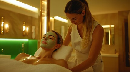 In a luxurious spa, a skincare therapist expertly applies a detoxifying charcoal mask to a client's face, creating a serene and revitalizing experience Soft, neutral tones and elegant decor enhance