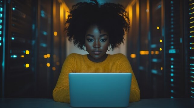 Woman in server room working on laptop computer