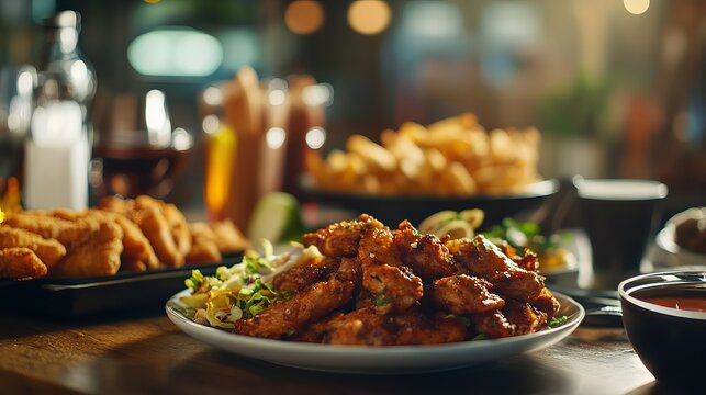 Delicious spicy chicken strips with fresh salad and fries tasty dinner restaurant food eat pub meal