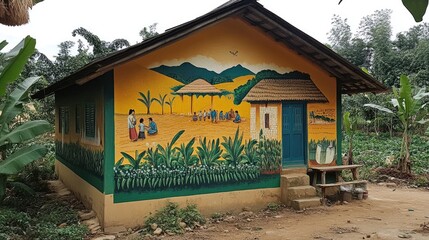 Traditional mural art depicting daily village life painted on the side of a house